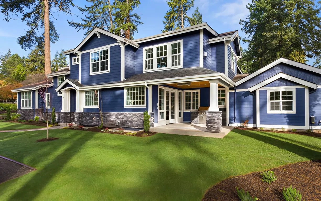 Beautiful navy blue and crisp white home exterior painted by a professional exterior painter in Frederick, MD