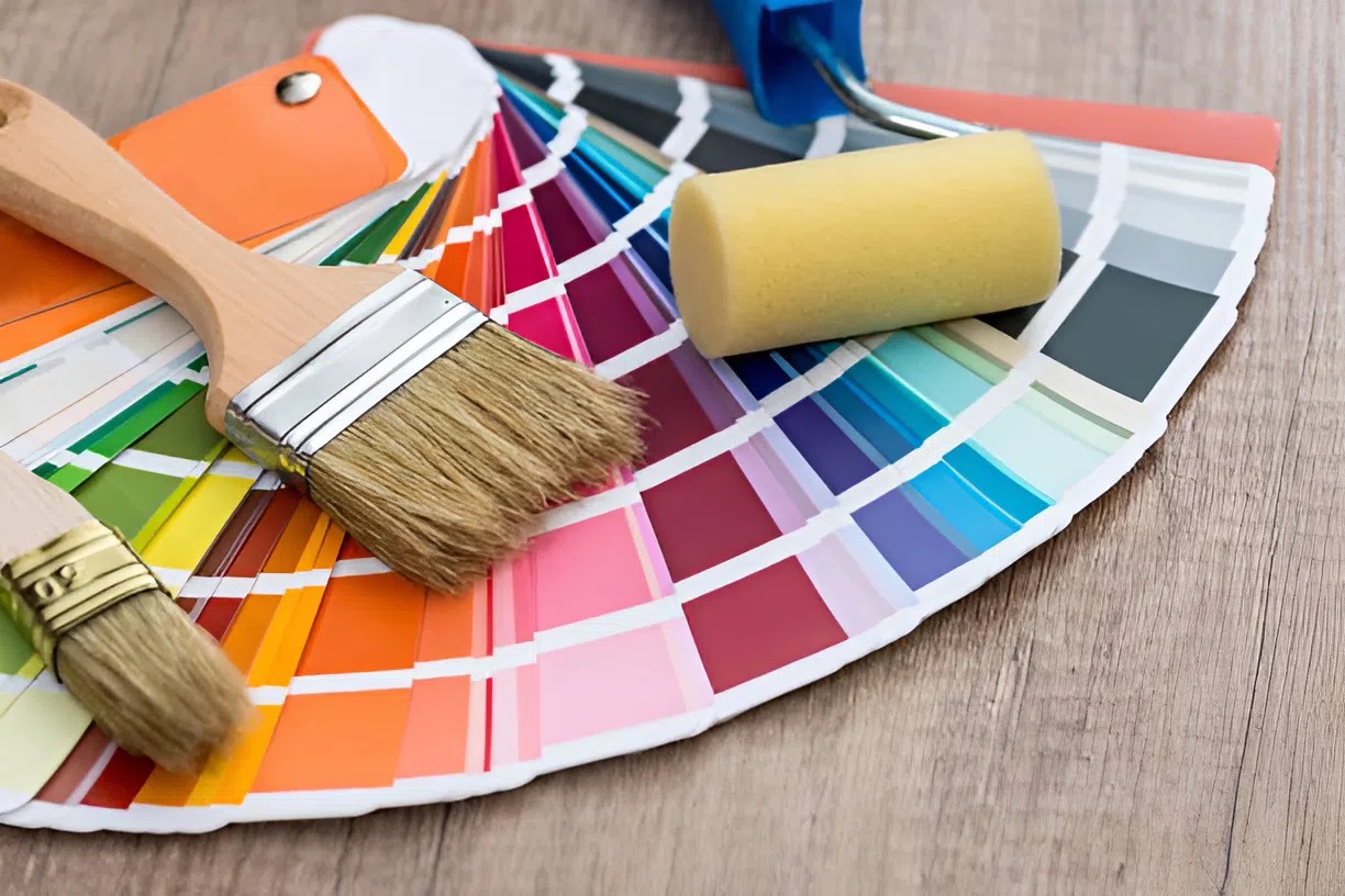 Paint color palettes and tools used by an interior painter in Frederick, MD
