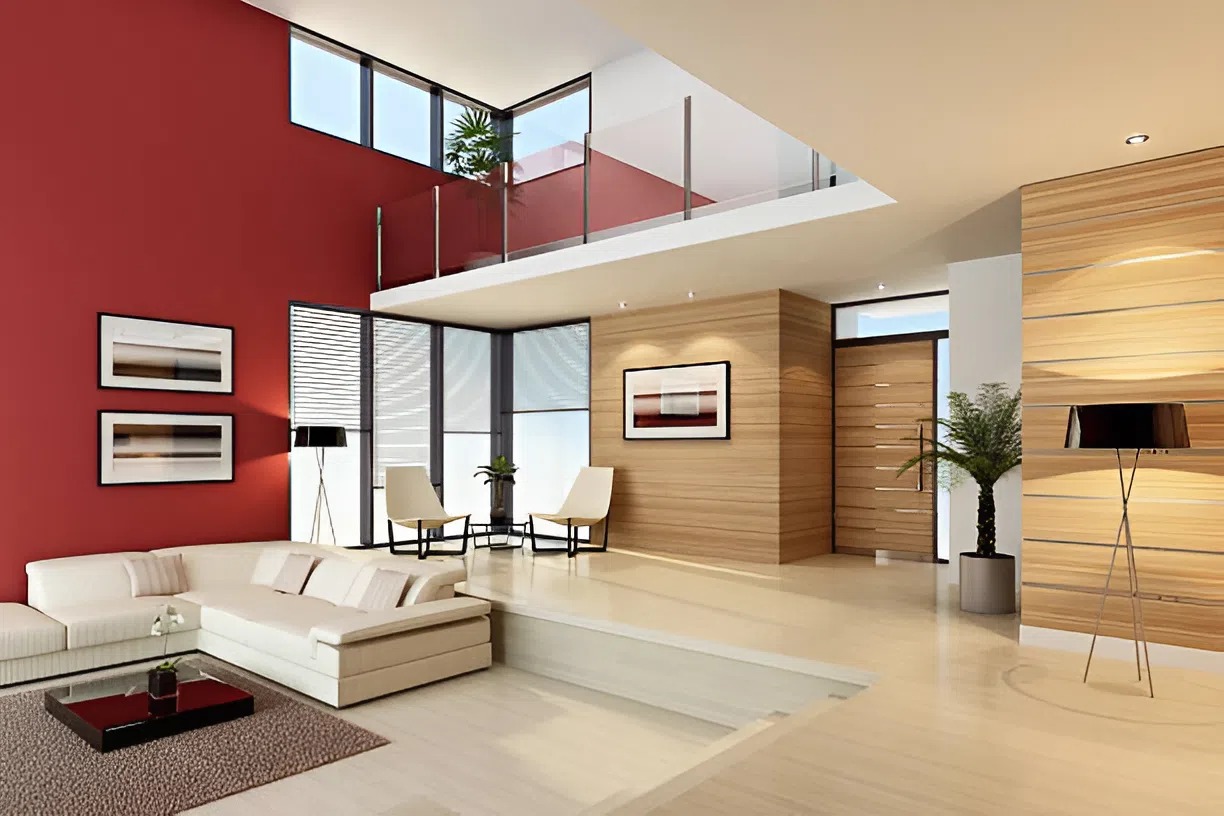 Modern living room painted in soft neutral tones and a bold accent wall by a painter in Bethesda, MD