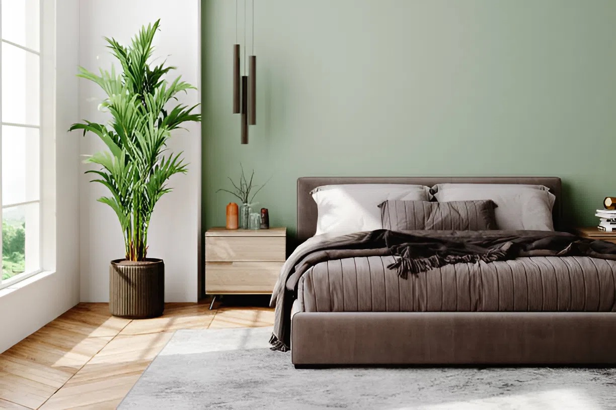Neutral bedroom painted by an interior painter in Middletown, MD, featuring soft green walls and modern décor