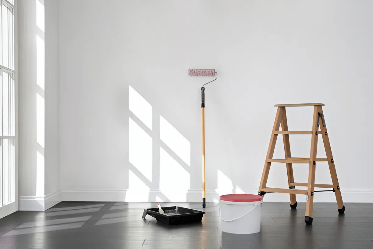 Fresh white wall with paint tools set up by a painting company in Clarksburg, MD.