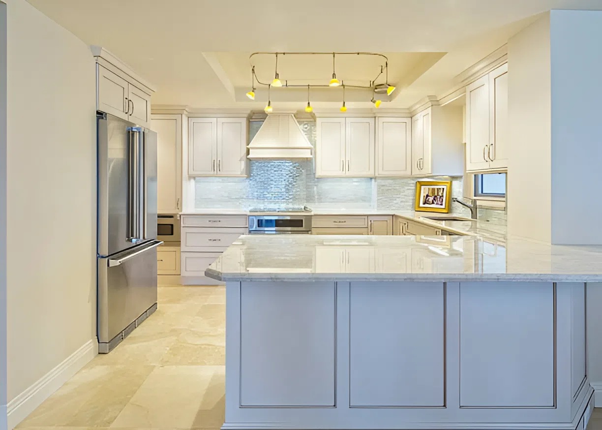 Modern kitchen with white painted cabinets completed by a professional house painter in Germantown, MD