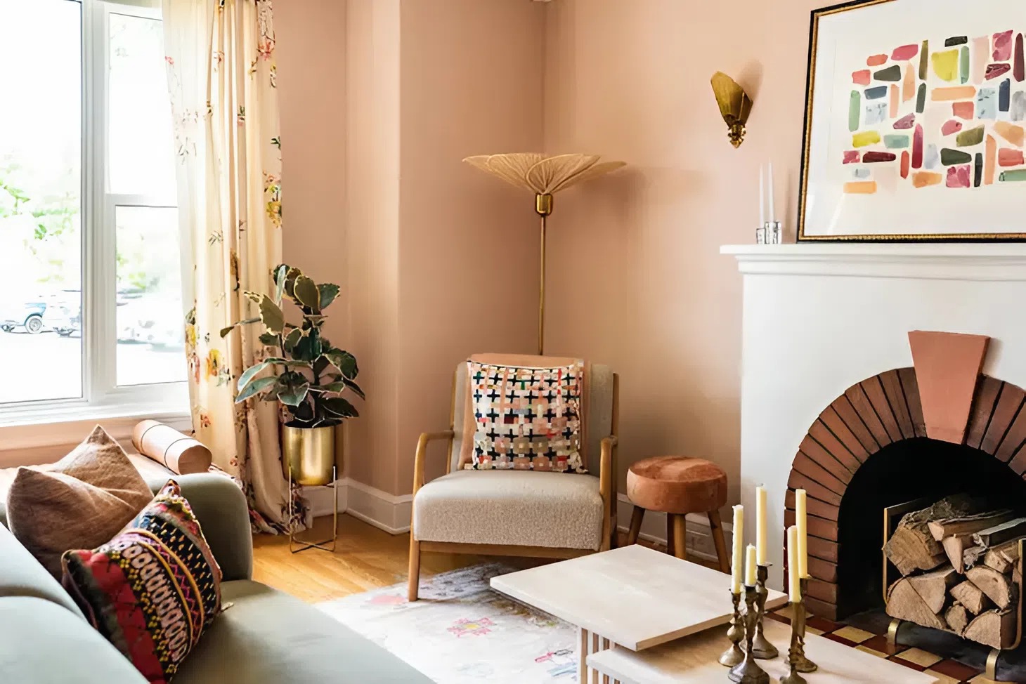 Living room with a warm, muted peach and white trims painted by a house painter in Potomac, MD