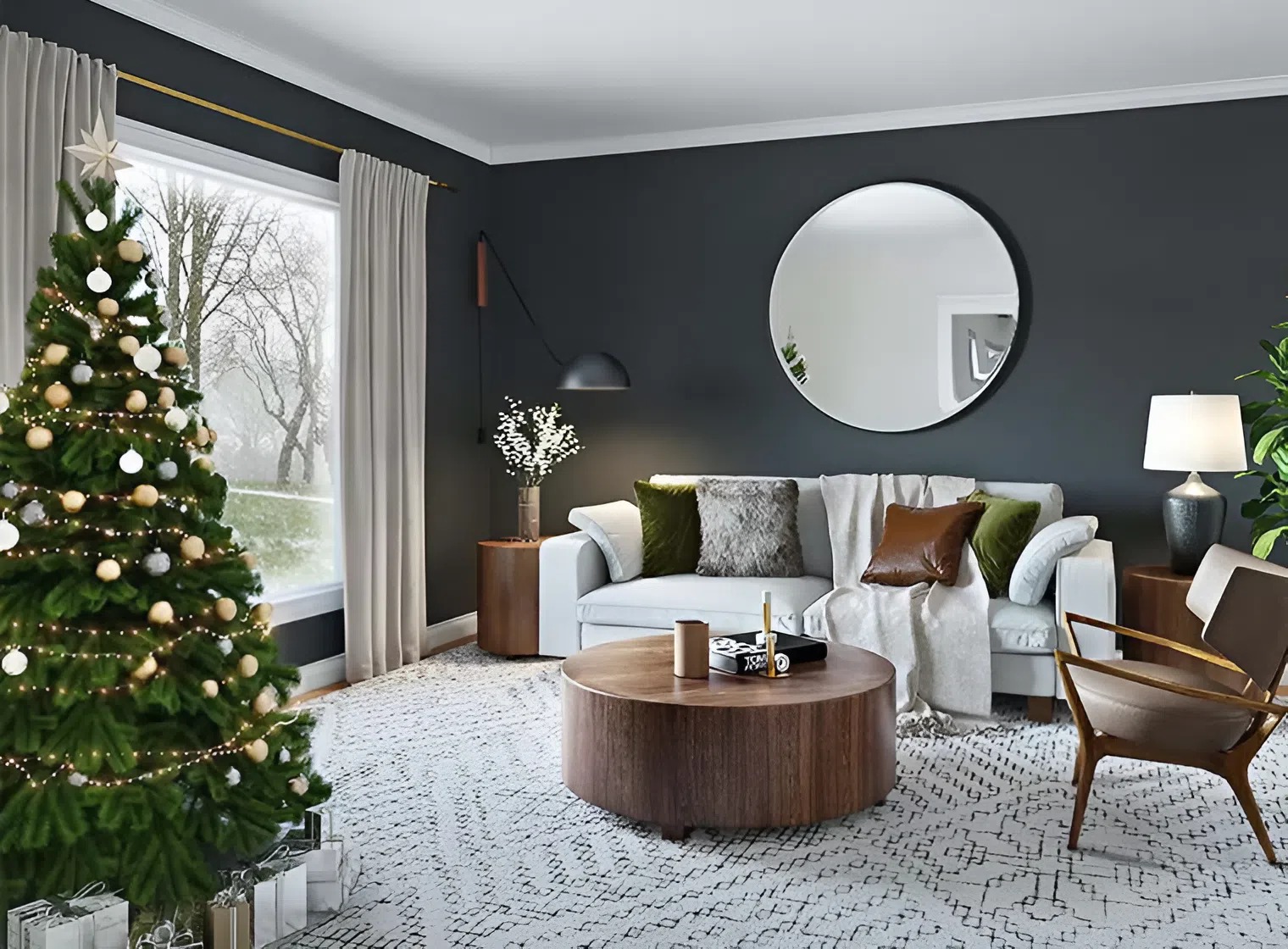 Living room with dark charcoal gray walls and white trim painted by a painter in Middletown, MD