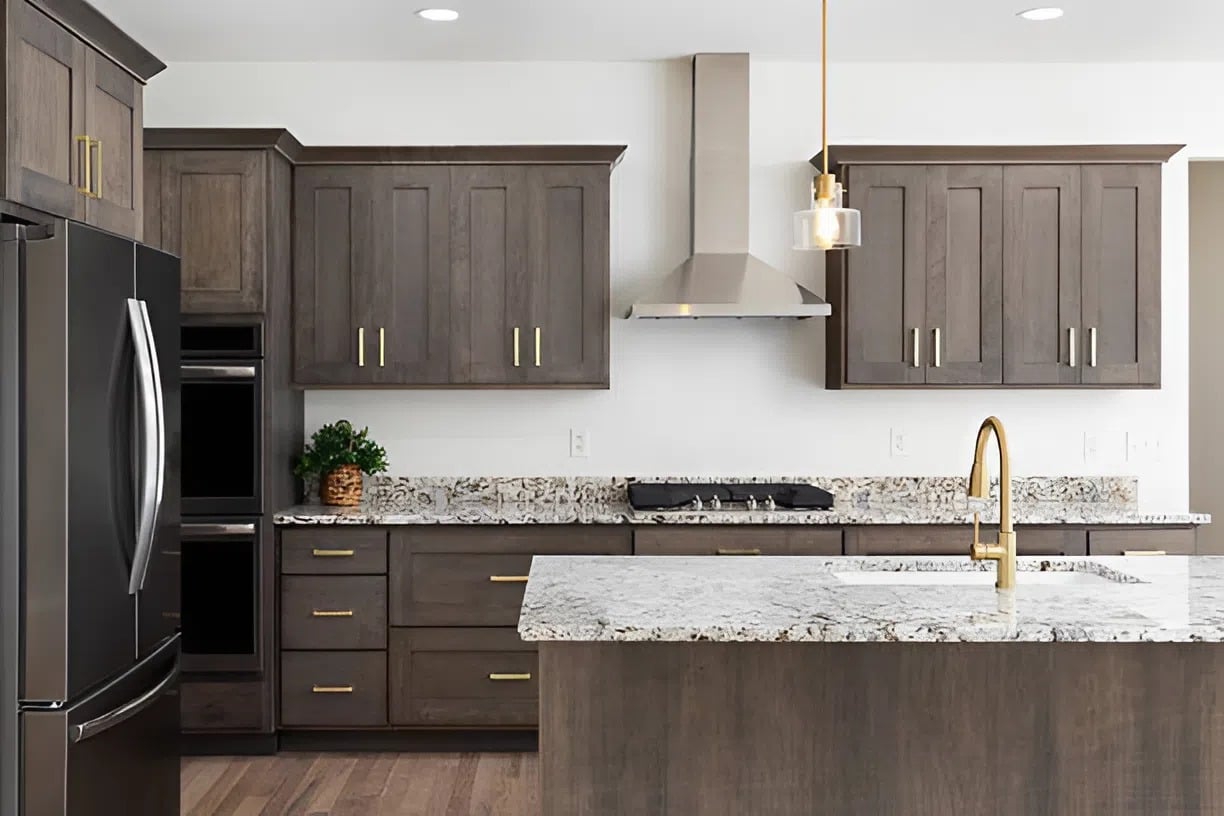 Dark-stained wood kitchen cabinets with smooth refinished surfaces by a painter in Walkersville, MD