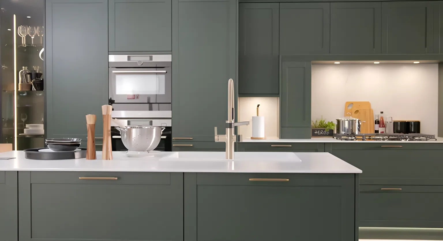 Modern sage green kitchen cabinets with smooth satin finish by a painter in Walkersville, MD