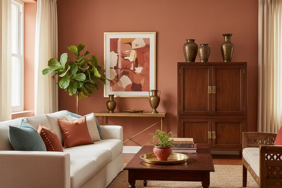 Warm terracotta living room paint color palette by an interior painter in Westminster, MD