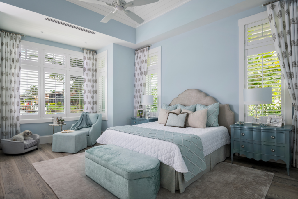 Soft blue bedroom paint color with detailed trims by an interior painter in Westminster, MD
