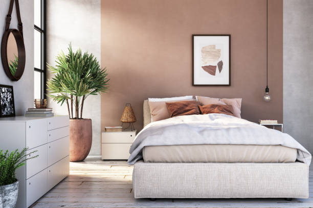 Bedroom with warm taupe painted walls and a smooth matte finish by a house painter in Germantown, MD.