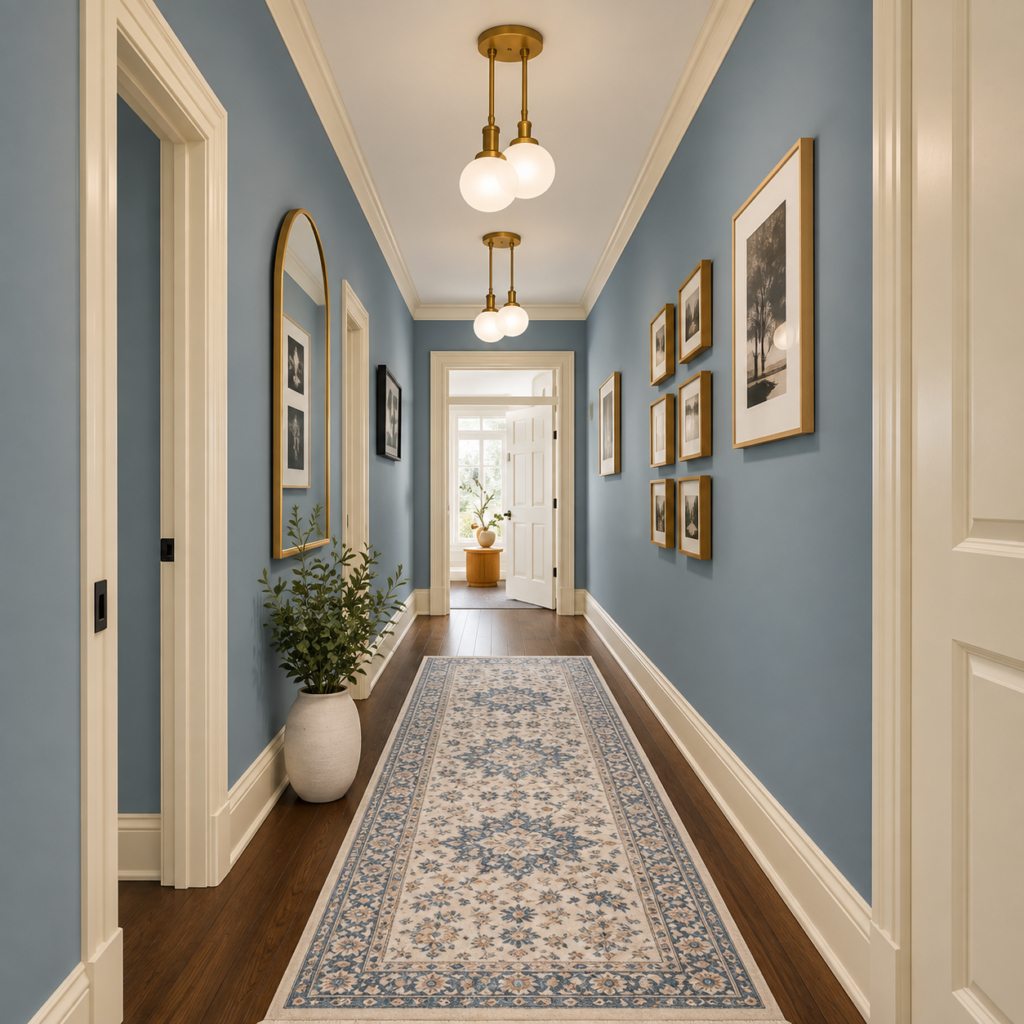Blue-gray hallway with white trim and a polished interior paint finish by an interior painter in Germantown, MD.