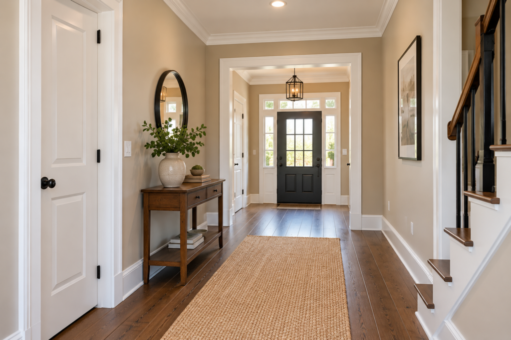 Warm beige hallway walls paired with crisp white trim and matching ceiling finishes by a painting company in Thurmont, MD