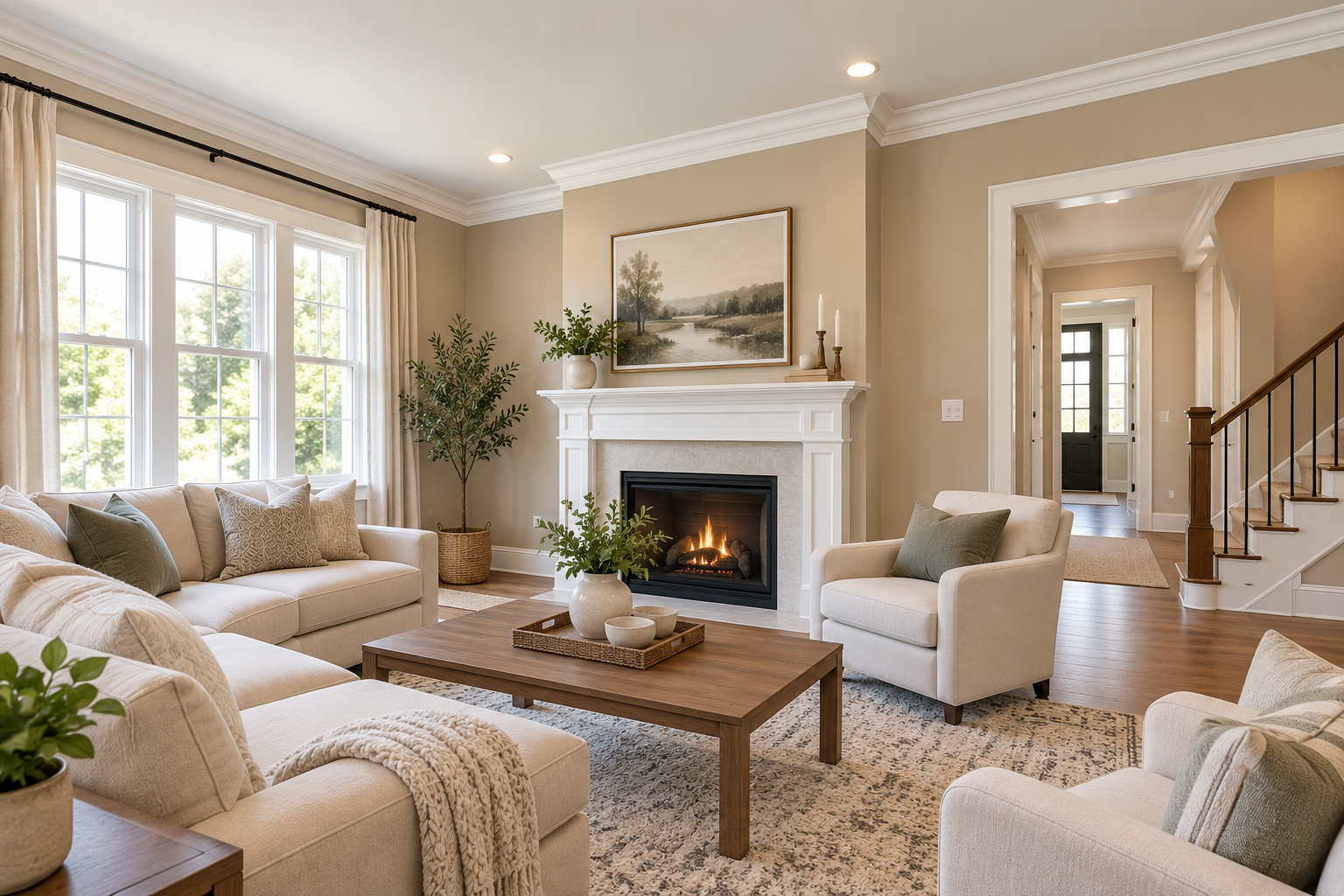 Neutral beige walls with crisp white trim, crown molding, and clean finishes by a painting company in Thurmont, MD